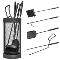 Outsunny Fireplace Tool Set with Mesh Basket, 5 Piece Fire Place Kit with Brush, Shovel, Poker, Tongs for Indoor Outdoor Use(m-12)