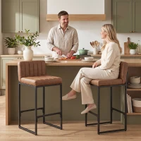 HOMCOM Bar Stools Set of 2, Retro Padded Counter Height Stools with Back and Metal Leg, Vintage PU Leather, Brown(m-8)