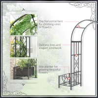 Outsunny 6.7' Steel Garden Arch Arbor with Scrollwork Hearts, Planter Boxes for Climbing Vines, Ceremony, Weddings, Party, Backyard, Lawn, Gray(m-19)