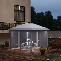 Outsunny 11' x 11' Pop Up Canopy Tent Patio Gazebo with Solar LED Light, Remote Control, Sandbags, Zippered Mesh Sidewalls,Grey(m-8)