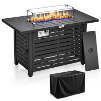 Outsunny Propane Gas Fire Pit Table, Outdoor Firepit with 43" Steel Tabletop and Lid, 50,000 BTU Pulse Ignition Fire Table w/ Stainless Steel Burner, Glass Wind Guard, and Cover(m-11)