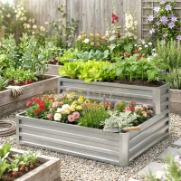 Outsunny 2 Tier Galvanized Raised Garden Bed, Steel Planter Box for Vegetables, Flowers, Herbs, 47" x 40" x 23", Silver(m-7)