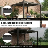 Outsunny 10 x 10 ft Louvered Pergola with Solar LED lights, Metal Roof, Outdoor Pergola Gazebo with Drainage Gutters, Black(m-5)