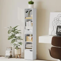 HOMCOM 6-Tier Bookcase, Tall Narrow Bookshelf with Drawer and Door, White(m-1)