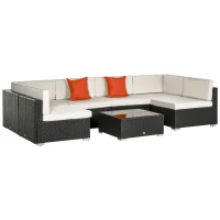 Outsunny 7 Piece Outdoor Patio Furniture Set, PE Rattan Wicker Sectional Sofa Set with Buckling Couch Cushions, Throw Pillows & Coffee Table, Dark Brown, Beige, Orange(m-1)