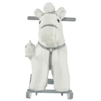 Qaba Kids Rocking Horse with Bear Toy, Plush Animal Rocker with Fun Realistic Sounds for Toddler 18-36 Months, White(m-11)