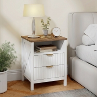 HOMCOM Modern Nightstand with 2 Fluted Drawers, Bedside Table with Open Storage Shelf, Anti-tipping Design, White and Walnut