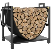 Outsunny 19 Inch Firewood Rack with Carrier, 110 lb Heavy Duty Steel Log Store Indoors, Fireplace Log Storage Holder, Black(m-13)