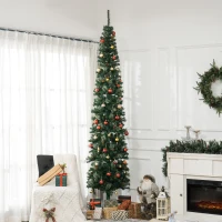 HOMCOM 9.5ft Pencil Christmas Tree, Slim Xmas Tree with Realistic Branches, Pine Cones and Metal Base, Green(m-9)