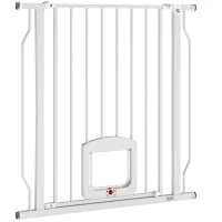 PawHut 29.5-33.5" Adjustable Dog Gate with Cat Door, Easy Install Pressure/Hardware Mounted Pet Gate for Doorways, White(m-2)