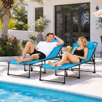Outsunny 2 Piece Folding Chaise Lounge Pool Chairs with 5-level Reclining Back, Reading Hole, Side Pocket, Blue(m-10)
