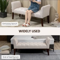HOMCOM Upholstered Bedroom Bench with Button Tufted Design, End of Bed Bench with Arms and Solid Wood Legs, Beige(m-4)