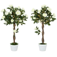 Outsunny 3FT Artificial Plant White Rose Floral Set of 2 in Pot, Fake Plant for Home Indoor Decor(m-2)
