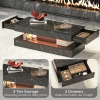 HOMCOM Coffee Table with Adjustable LED Lights, Center Table with 2 Drawers, Open Shelf, Remote, High Gloss Marble-Effect Black(m-5)