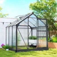Outsunny Polycarbonate Greenhouse, Heavy Duty Outdoor Aluminum Walk-in Green House Kit Vent Door, 6.2'x6.2'x6.6' Gray(m-10)