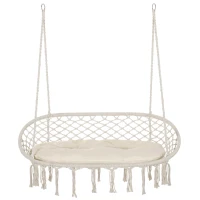 Outsunny Patio Hammock Chair 2 Seat, Hanging Rope Hammock Swing Chair with Metal Frame and Cushion, Large Macrame Seat for Indoor and Outdoor 396 lbs Capacity, Cream White(m-2)