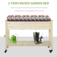 Outsunny Raised Garden Bed, 47" x 22" x 33", Elevated Wooden Planter Box w/ Lockable Wheels, Storage Shelf, and Bed Liner for Backyard, Patio, Natural(m-4)