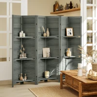 HOMCOM 6 Panel 67" Tall Wood Privacy Screen Room Divider with 3 Shelves and Folding Storage for Bedroom, Gray(m-2)