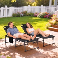 Outsunny 2 Piece Folding Chaise Lounge Pool Chairs with 5-level Reclining Back, Reading Hole, Side Pocket, Black(m-2)