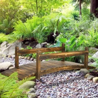 Outsunny 7.5' Wooden Garden Bridge with Planters, Stained Finish Arc Footbridge with Safety Railings for Backyard, Pond Stream, Stained Wood(m-8)