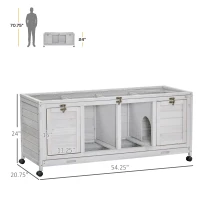 PawHut Wooden Rabbit Hutch with Wheels, Dividers for Indoor Use, Light Gray(m-3)