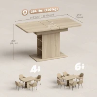 HOMCOM Extendable Dining Table for 4-6 People, 43.3"-51.2" Kitchen Table with 6 Open Shelves, Natural Wood(m-3)