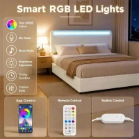 HOMCOM Queen Size Bed Frame with Charging Station, LED Lights, Adjustable Headboard, Upholstered Platform Bed Frame White(m-5)