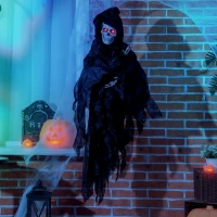 Outsunny 45" Outdoor Halloween Decorations Hanging Grim Reaper in Black Robe, Festival Animated Prop Décor with Sound and Motion Activated, Light Up Eyes(m-10)