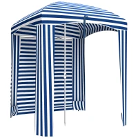Outsunny 70.1" L x 70.1" W Cabana Umbrella with Walls, Vents, Ruffles, Carry Bag, Beach Umbrella, Blue White Stripe(m-9)