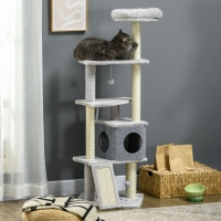 PawHut 57.5" Cat Tree with Scratching Posts, Large Cat Tower for Indoor Cats with Bed, House, Toys, Grey