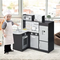 Qaba Corner Kids Kitchen Playset, Wooden Pretend Toy Kitchen Set with Drinking Fountain, Microwave, Fridge and Accessories, Pretend Play Kitchen for 3+ Years, Black(m-2)