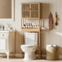 HOMCOM Over the Toilet Cabinet, Bamboo Bathroom Above Toilet Storage with Slatted Doors and Adjustable Shelf, Natural(m-2)