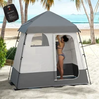 Outsunny Outdoor Portable Pop Up Shower Tent Changing Tent Privacy Enclosure with 2 Rooms, Shower Bag, Floor for Camping, Dark Grey(m-1)