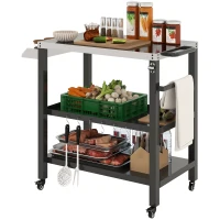 Outsunny Outdoor Kitchen Bar Cart BBQ Table with Wheels, Stainless Steel Pizza Oven Stand, Movable Prep Table with Hooks(m-9)