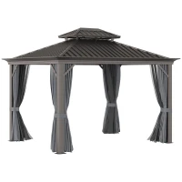 Outsunny 10' x 12' Hardtop Gazebo with Curtains and Netting, Permanent Pavilion Metal Double Roof Gazebo Canopy with Aluminum Frame and Hooks, for Garden, Patio, Backyard, Charcoal Gray(m-1)