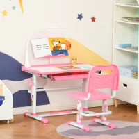 Qaba Kids Desk and Chair Set, Height Adjustable School Study Table and Chair, Student Writing Desk with Tilt Desktop, LED Light, Pen Box, Drawer, Reading Board, Cup Holder, and Pen Slots, Pink(m-10)