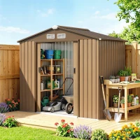 Outsunny 7' x 4' Outdoor Storage Shed, Garden Tool House w/ Foundation Kit Vents & Sliding Doors for Backyard Patio, Brown(m-2)