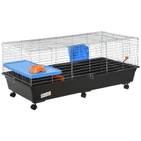 PawHut 47" Small Animal Cage, Rolling Guinea Pig Cage with Food Dish, Water Bottle, Hay Feeder, Platform, Ramp, Black(m-9)