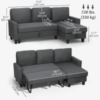 HOMCOM 77.6" Sofa Bed, Pull Out Sleeper L Shaped Sectional Couch, Reversible Storage Chaise, Wide and Deep Seat, Charcoal Grey(m-3)