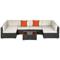 Outsunny 7 Piece Outdoor Patio Furniture Set, PE Rattan Wicker Sectional Sofa Set with Buckling Couch Cushions, Throw Pillows & Coffee Table, Dark Brown, Beige, Orange(m-11)