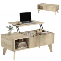 HOMCOM 40" Fluted Lift Top Coffee Table with Storage, Mid-Century Coffee Table with Hidden Compartment, Open Shelf, Oak(m-13)