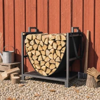 Outsunny 19 Inch Firewood Rack with Carrier, 110 lb Heavy Duty Steel Log Store Indoors, Fireplace Log Storage Holder, Black(m-8)