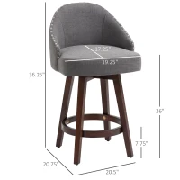 HOMCOM 26" Counter Height Bar Stools, Linen Fabric Kitchen Stools with Nailhead Trim, Rubber Wood Legs and Footrest for Dining Room, Counter, Pub, Set of 4, Dark Gray(m-3)