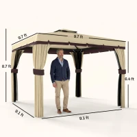 Outsunny 9.7' x 9.7' Patio Gazebo, Aluminum Frame Double Roof Outdoor Gazebo Canopy Shelter with Netting & Curtains, for Garden, Lawn, Backyard and Deck, Beige(m-3)