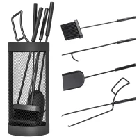 Outsunny Fireplace Tool Set with Mesh Basket, 5 Piece Fire Place Kit with Brush, Shovel, Poker, Tongs for Indoor Outdoor Use(m-2)