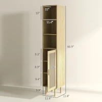 HOMCOM Tall Bathroom Cabinet with Rattan Doors, Freestanding Bathroom Storage Cabinet with Adjustable Shelves, Distressed Oak(m-3)