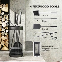Outsunny Fireplace Tool Set with Mesh Basket, 5 Piece Fire Place Kit with Brush, Shovel, Poker, Tongs for Indoor Outdoor Use(m-4)