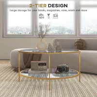 HOMCOM Side Table with Storage, 32" Round End Table, 2-Tier Tempered Glass Coffee Table with Steel Frame for Living Room, Gold(m-4)