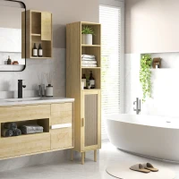 HOMCOM Tall Bathroom Cabinet with Rattan Doors, Freestanding Bathroom Storage Cabinet with Adjustable Shelves, Distressed Oak(m-2)