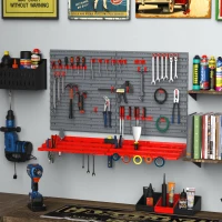 DURHAND 54 Piece Plastic Pegboard Panels, Peg Board with Accessories, Shelf Tool Organizer, Wall Mounted DIY Garage Storage with 50 Hooks, Red(m-1)